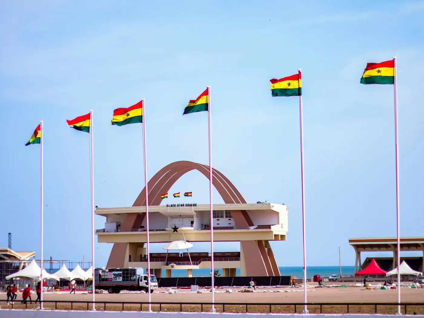 Ghanaian flags flying at Black Star Square in Accra